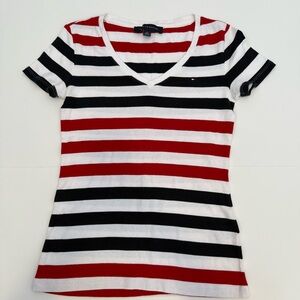 Tommy Hilfiger Blue, Red, and White Striped V-Neck Tee